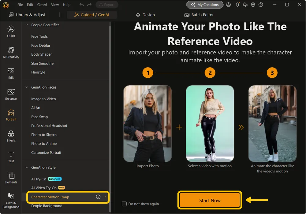 Character Motion Swap selected under GenAI on Style with the Start Now button highlighted
