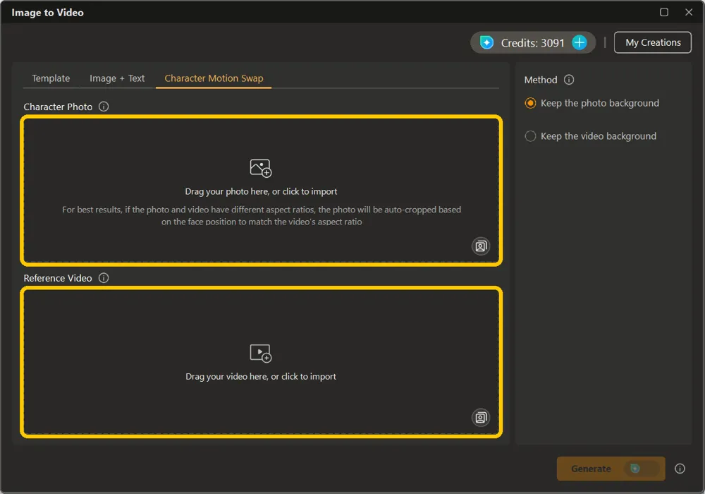 The Image to Video window with the tab row and the auto-crop notice highlighted