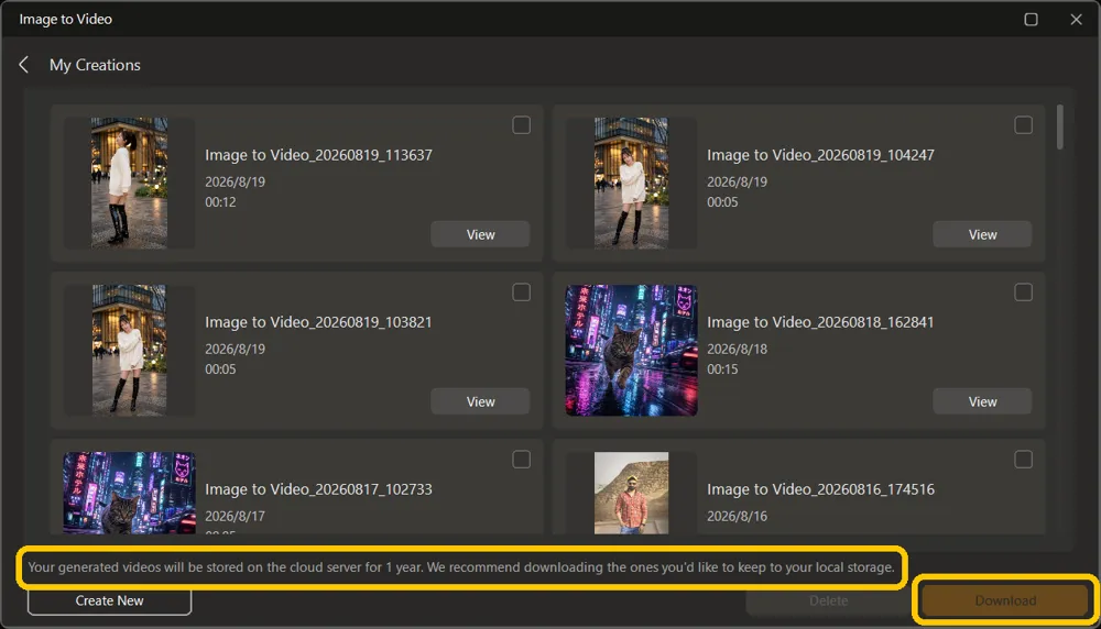 The My Creations list with the cloud storage notice and the Download button highlighted