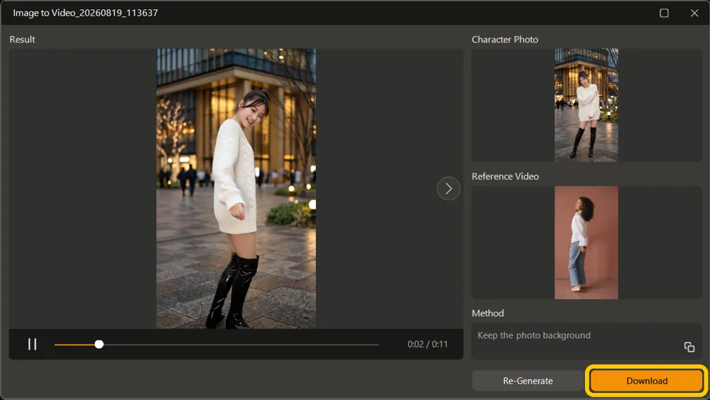 A finished clip playing with its source photo, reference video and the Download button highlighted