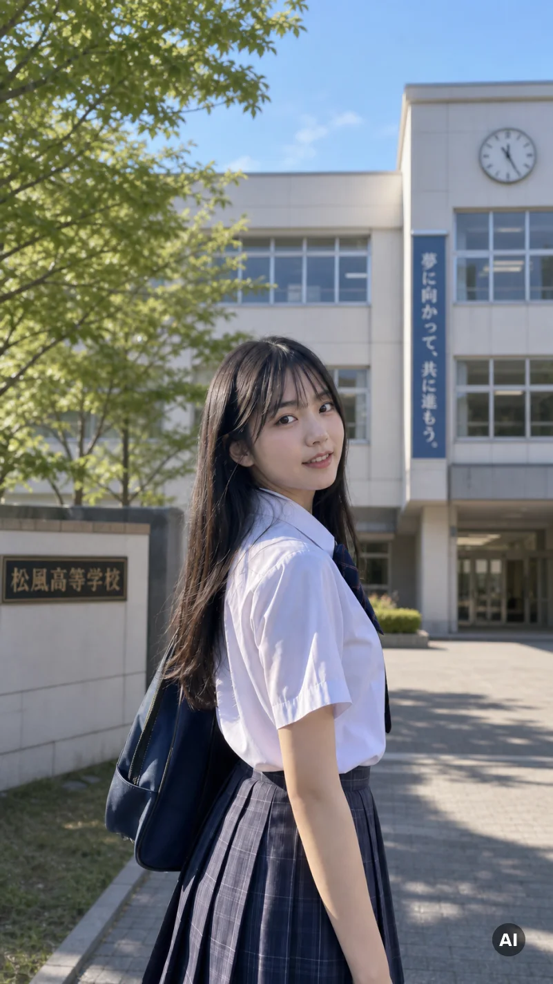 The same girl, same pose and uniform, now standing in front of a high school building with trees