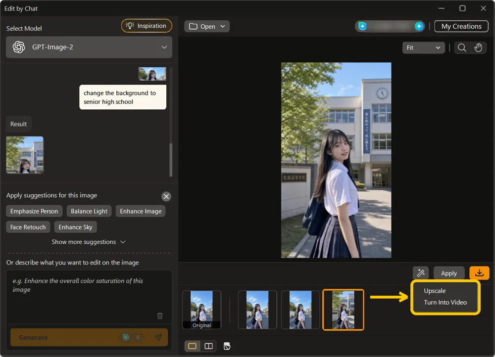 The wand menu open under the canvas with Upscale and Turn Into Video highlighted