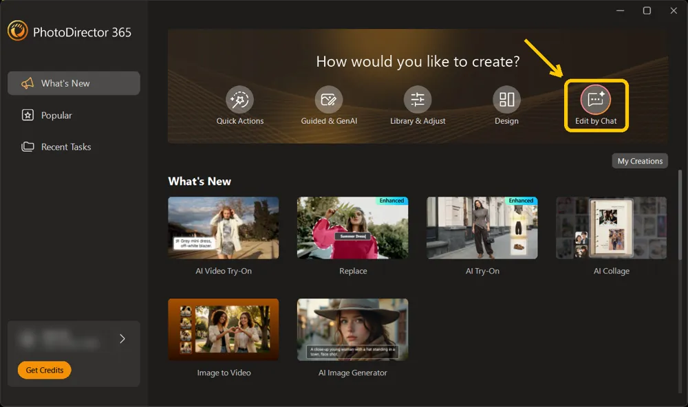 The PhotoDirector launcher with Edit by Chat highlighted at the end of the create options