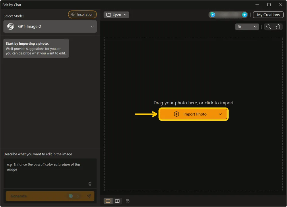 The empty Edit by Chat window with the Import Photo button highlighted