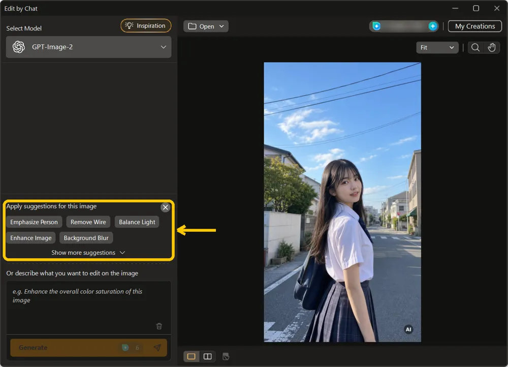 The Apply suggestions for this image list with Emphasize Person, Remove Wire, Balance Light, Enhance Image and Background Blur highlighted