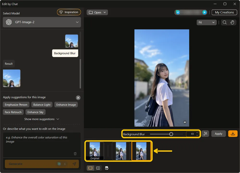 The Background Blur result with its strength slider and the strip of versions next to Original highlighted