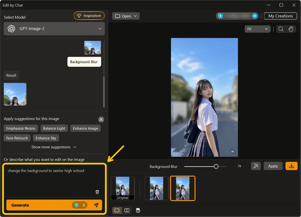 The prompt box with change the background to senior high school typed and the Generate button highlighted