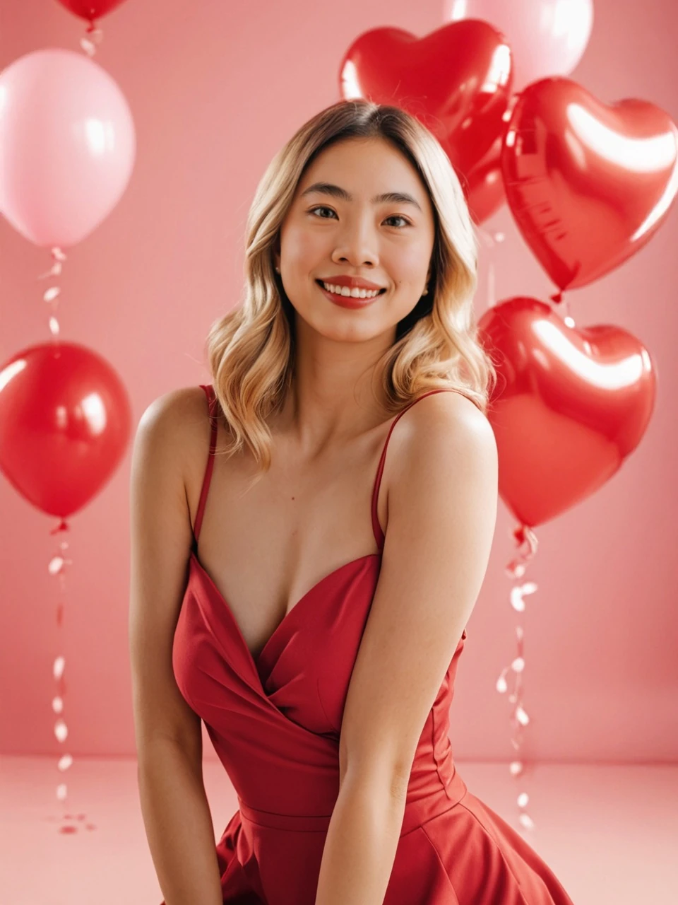 The same Valentine's Day scene, now wearing the face from the portrait, with the dress, balloons and lighting unchanged.