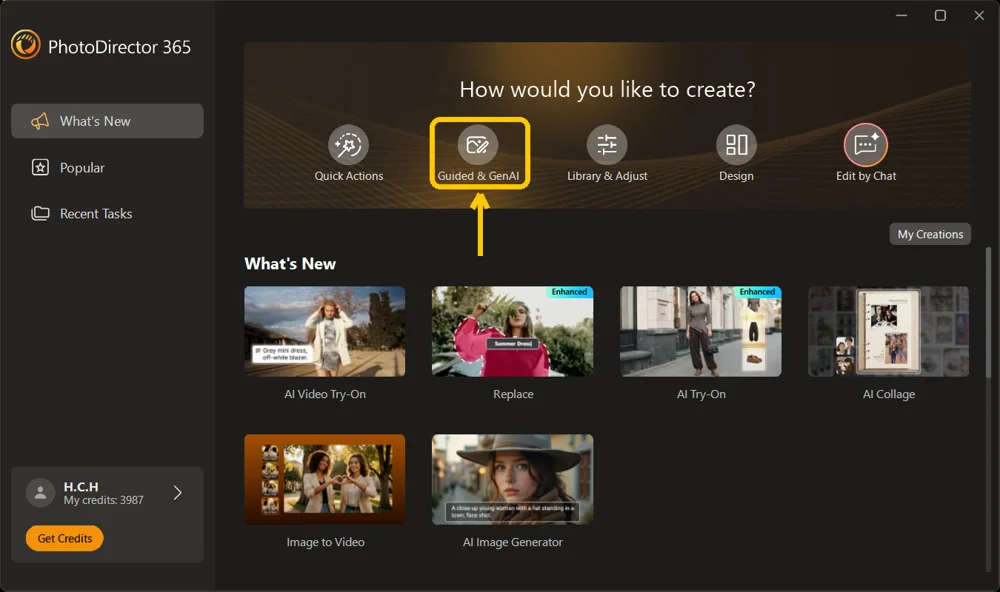 The PhotoDirector launcher with the Guided and GenAI option highlighted