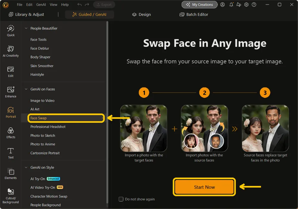 Face Swap selected under GenAI on Faces with the Start Now button highlighted