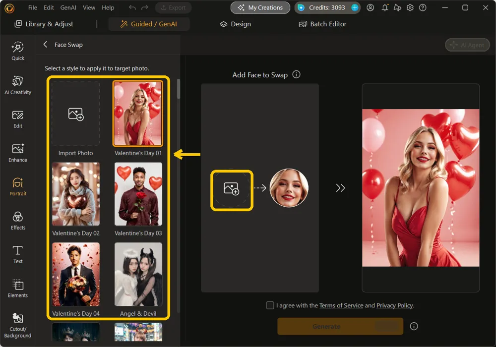 The scene gallery on the left with one scene selected, and the empty Add Face to Swap slot