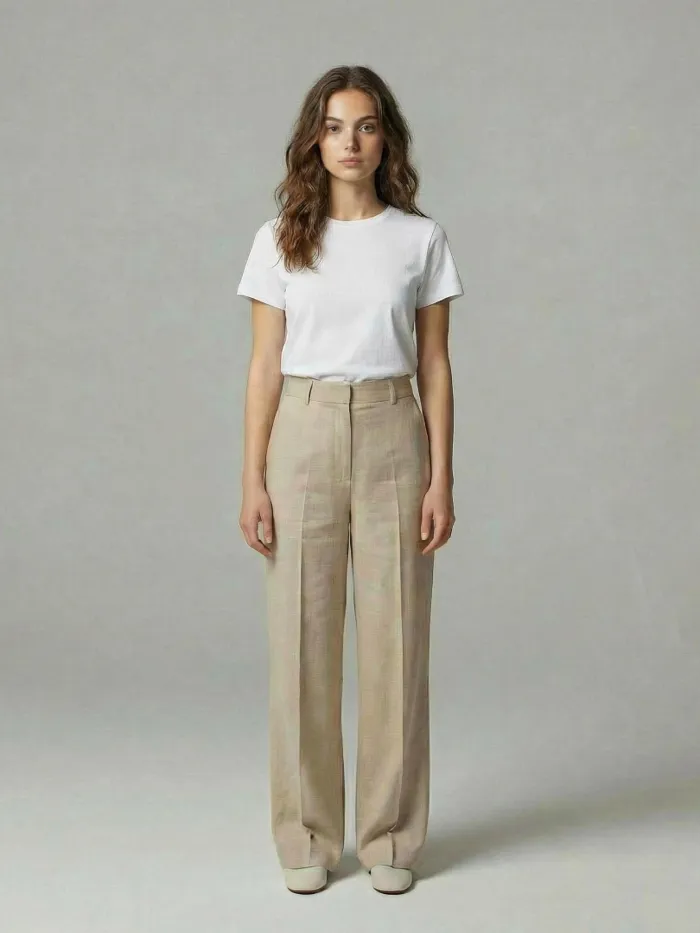 Original photo before AI Try-On, model in a plain white t-shirt and tan trousers