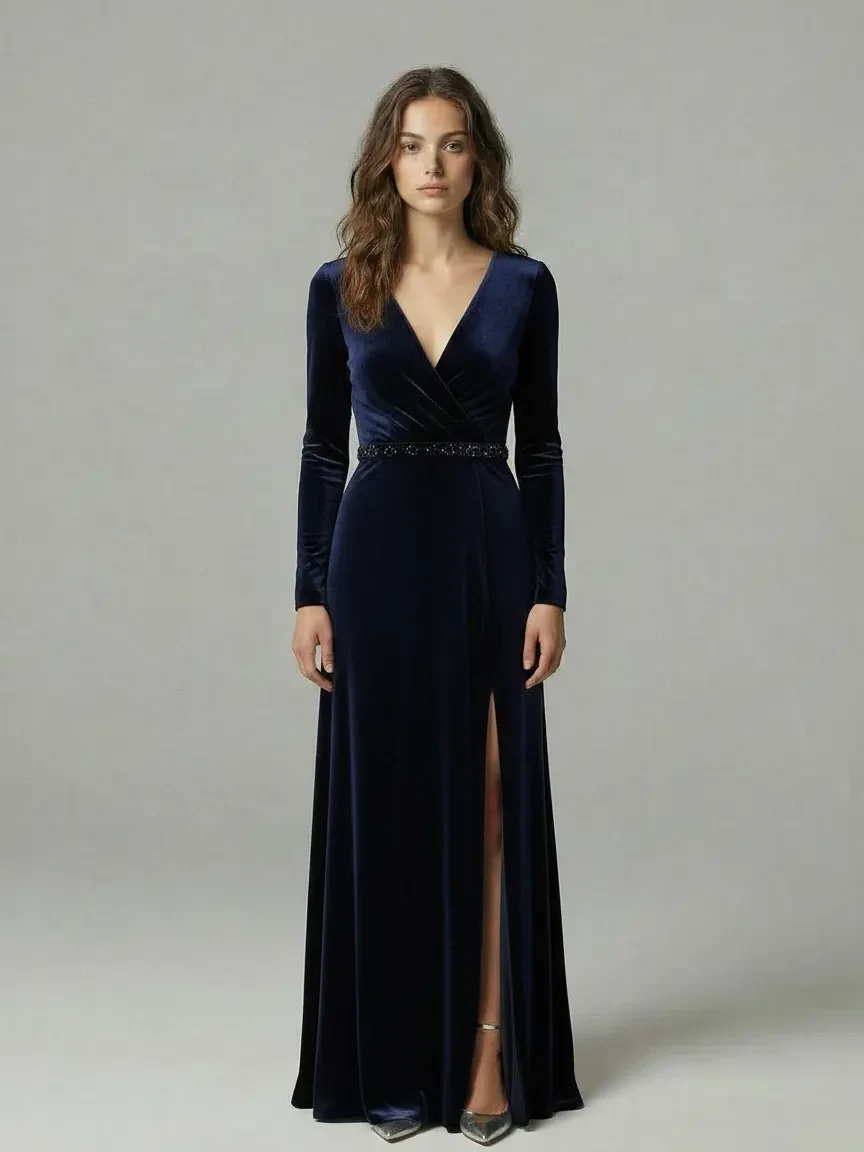 Result after AI Try-On: a navy velvet evening gown generated from a text description