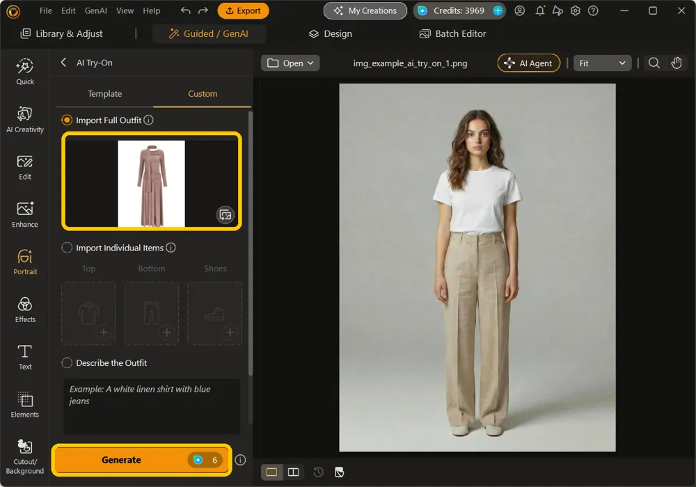 Import Full Outfit panel with a mauve dress uploaded