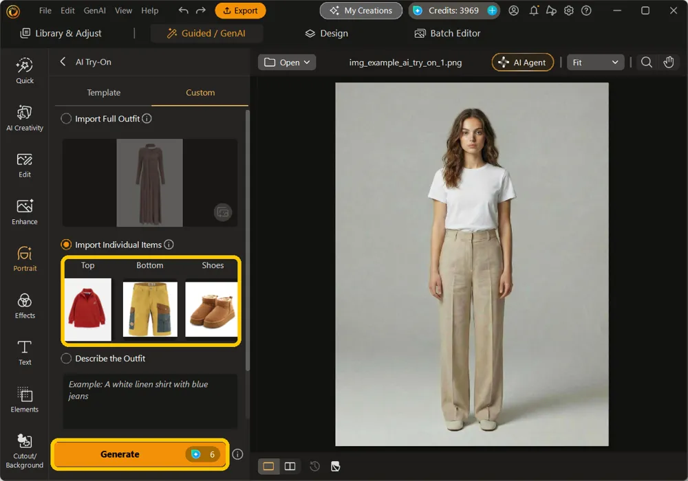Import Individual Items panel with a red top, olive shorts, and tan boots added
