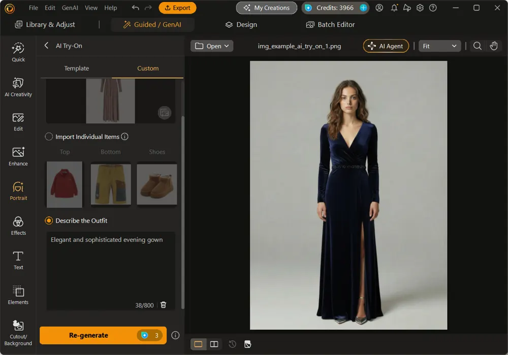 Navy velvet evening gown result on the model, generated from the text prompt