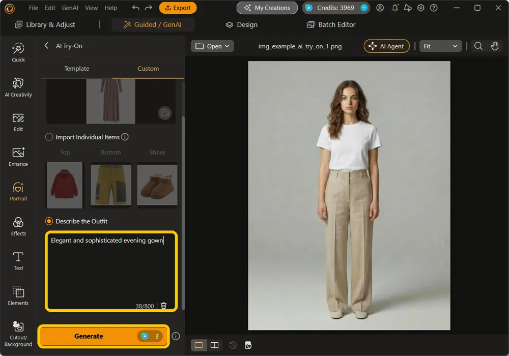 Describe the Outfit text box with “Elegant and sophisticated evening gown” typed in