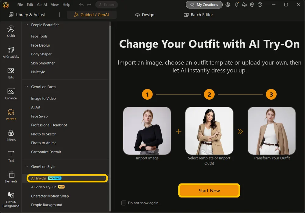 AI Try-On onboarding screen showing the 3-step overview and the Start Now button, with AI Try-On highlighted under GenAI on Style