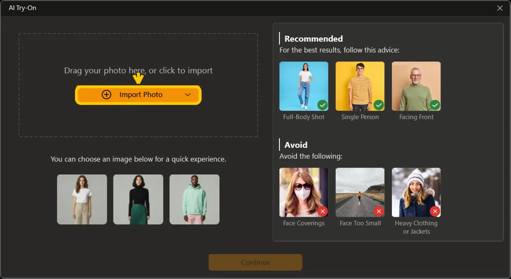 AI Try-On model screen with Import Photo, recommended and avoid tips, and three sample images