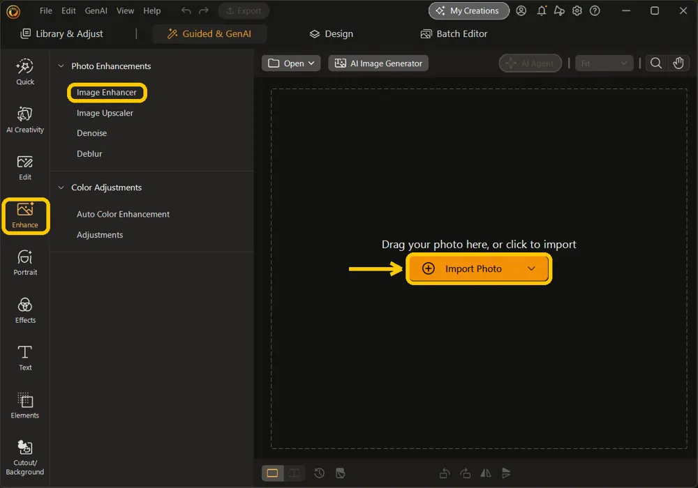 The Enhance rail with Image Enhancer and the Import Photo button highlighted