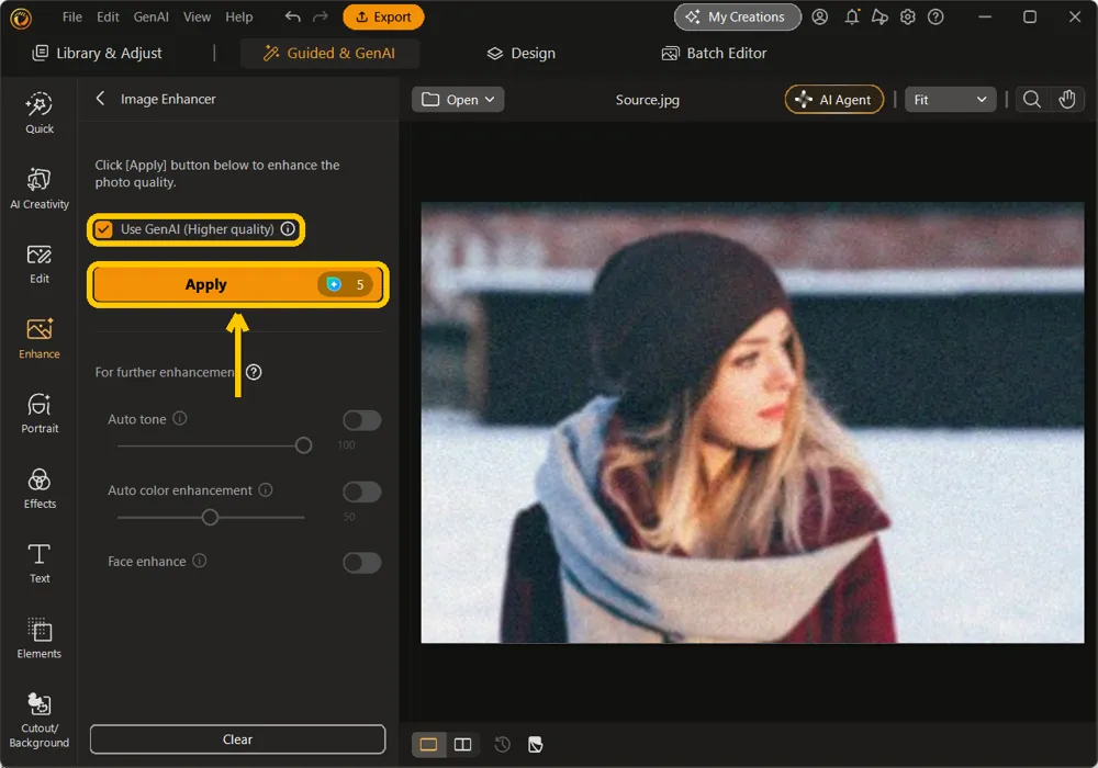 The Image Enhancer panel with Use GenAI Higher quality ticked and the Apply button with its credit badge highlighted