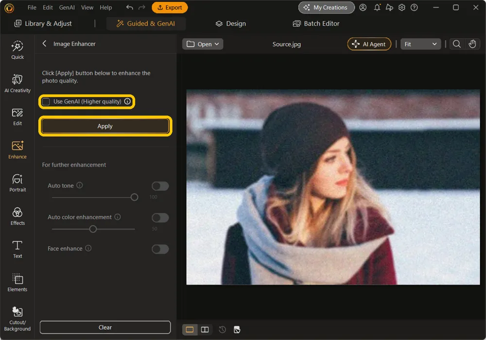 The Image Enhancer panel with Use GenAI unticked and a plain Apply button highlighted