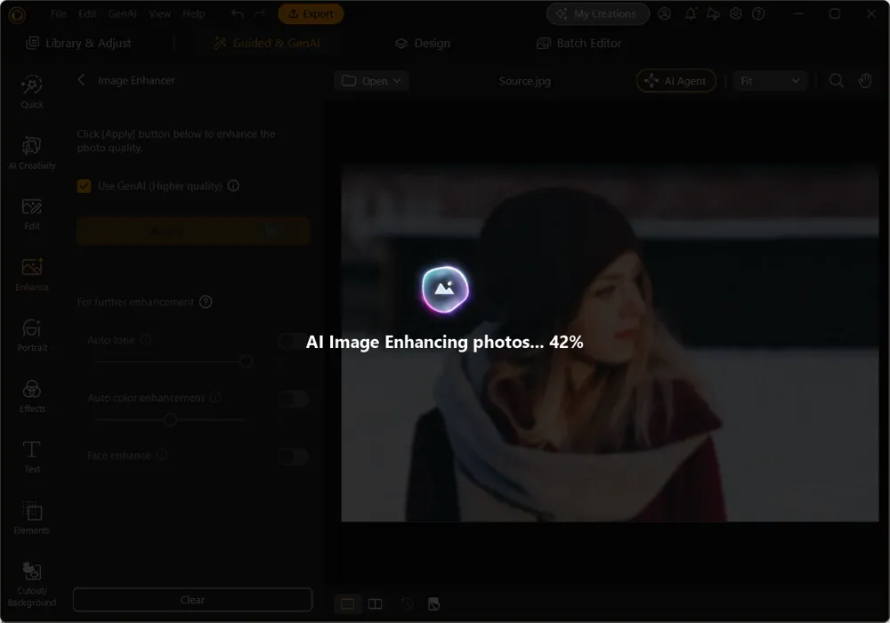The canvas dimmed with the message AI Image Enhancing photos at 42 percent