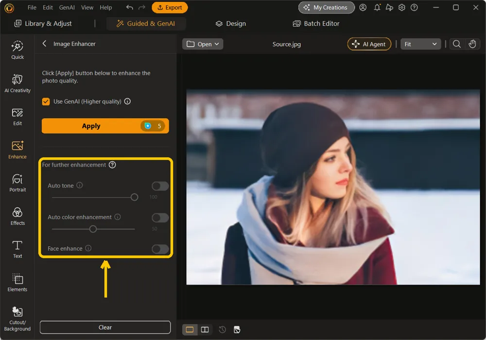 The enhanced photo on the canvas with the For further enhancement toggles highlighted