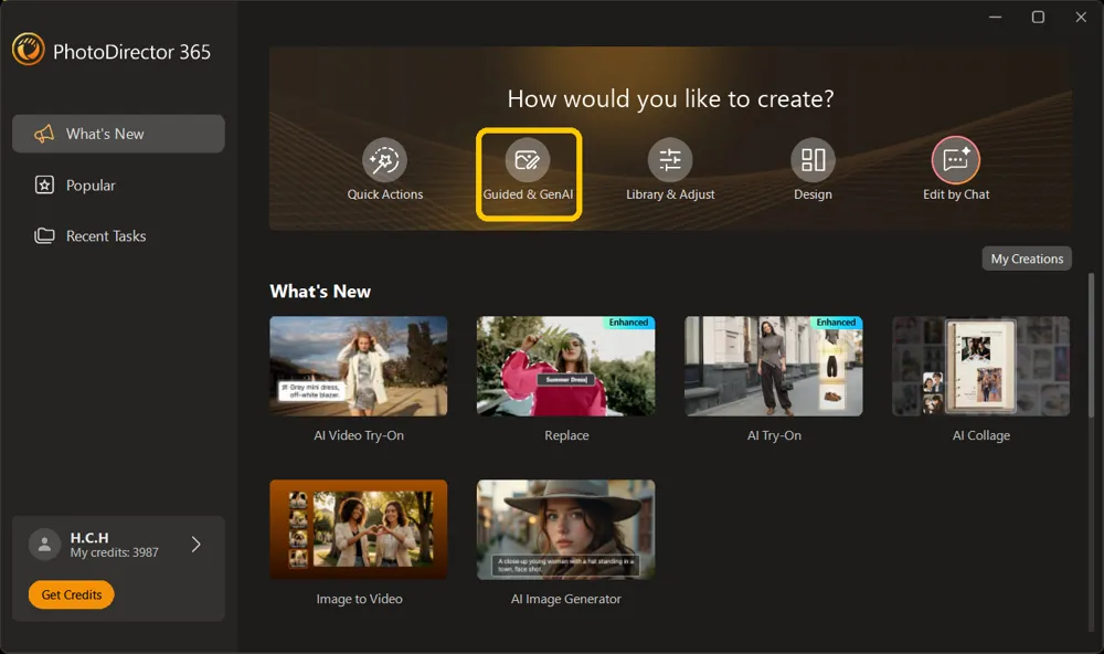The PhotoDirector launcher with the Guided and GenAI option highlighted