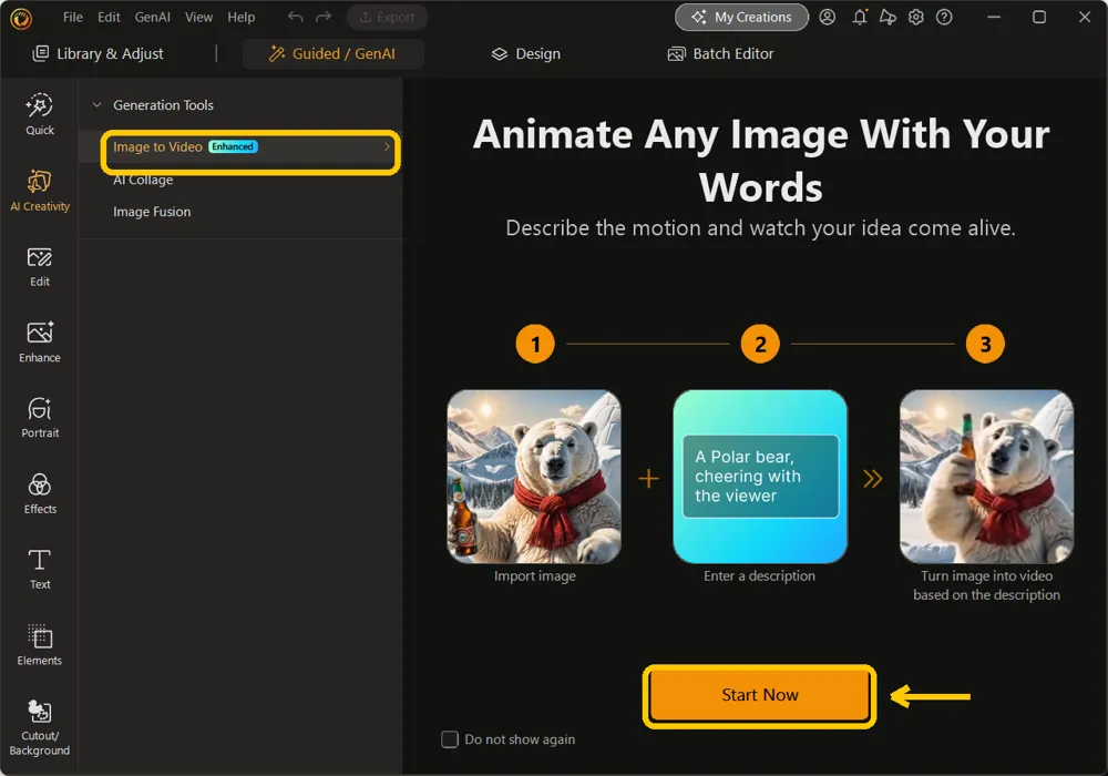 Image to Video selected under Generation Tools with the Start Now button highlighted