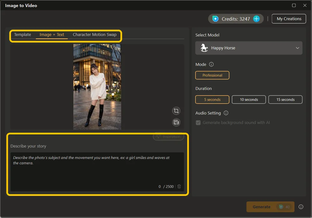 The Image plus Text tab with the tab row and the Describe your story box highlighted