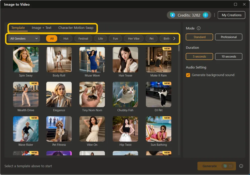 The Template tab with the tab row, the gender filter and the category row highlighted