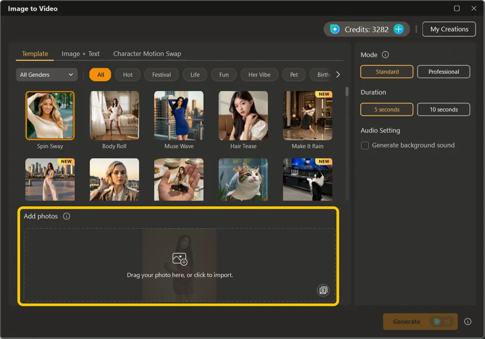 The Add photos drop area below the template gallery, highlighted