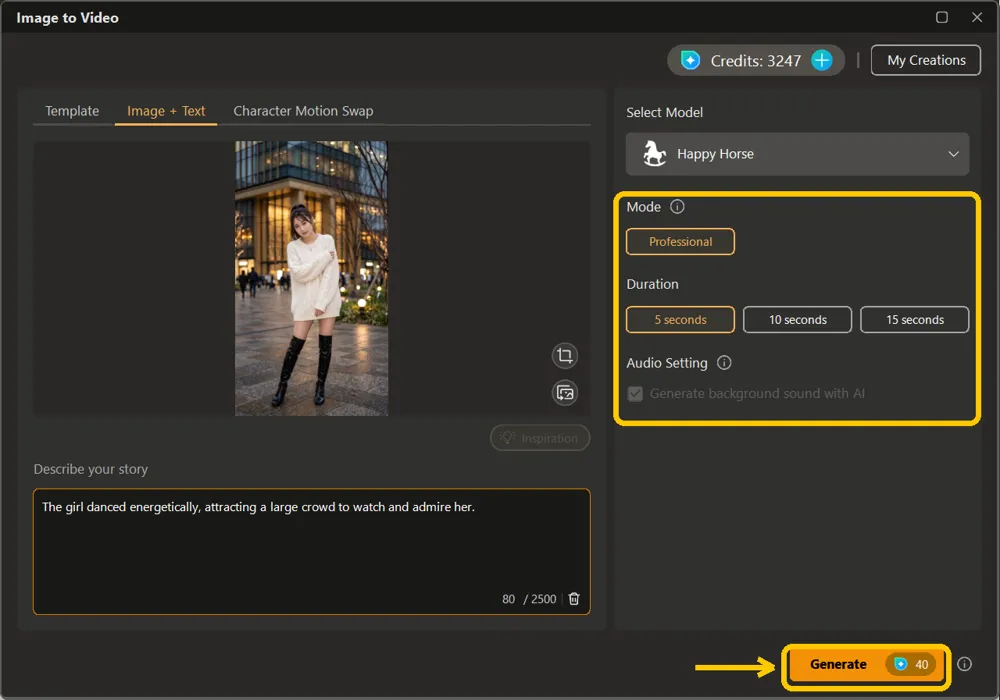 The settings column showing Mode, Duration and Audio Setting, with the Generate button highlighted