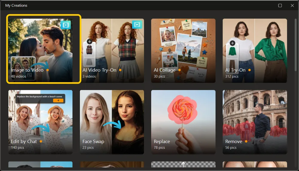 The My Creations gallery with the Image to Video tile highlighted