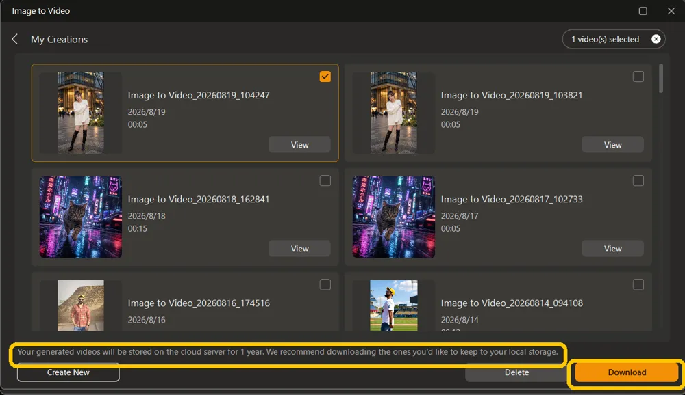 The Image to Video list with the cloud storage notice and the Download button highlighted