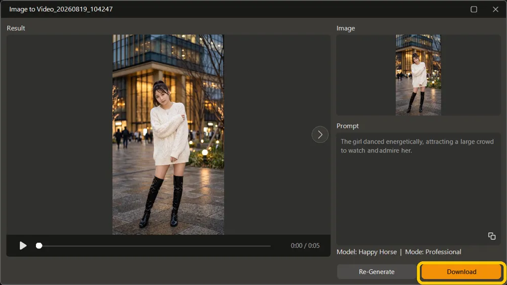 A finished clip playing beside its source photo and description, with Download highlighted