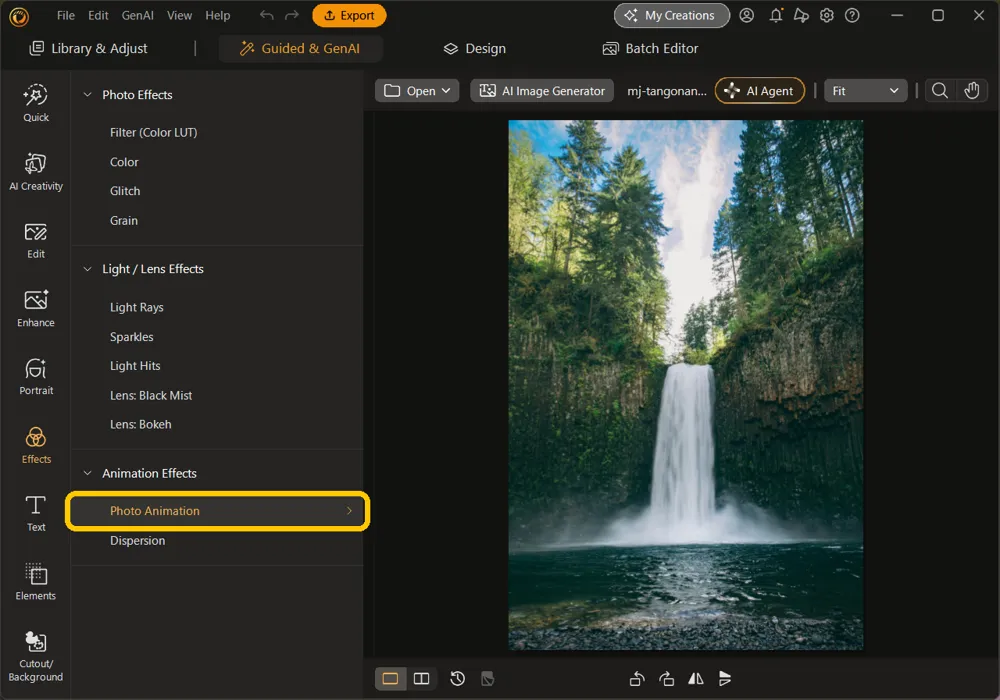The Effects rail selected, with Photo Animation highlighted under Animation Effects