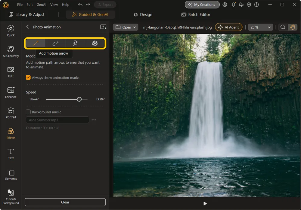 The Photo Animation panel with the row of drawing tools highlighted at the top