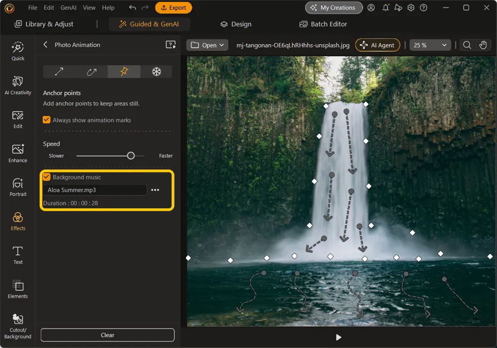 The Background music option ticked, with a loaded track and a duration below it