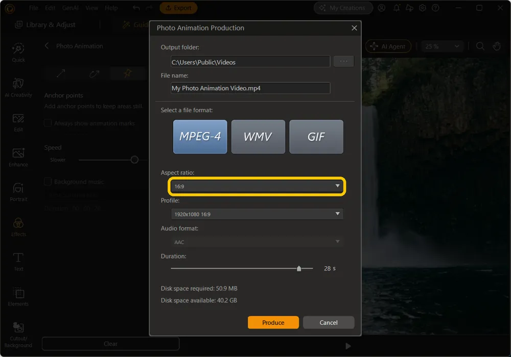 The Photo Animation Production dialog with the Aspect ratio dropdown highlighted