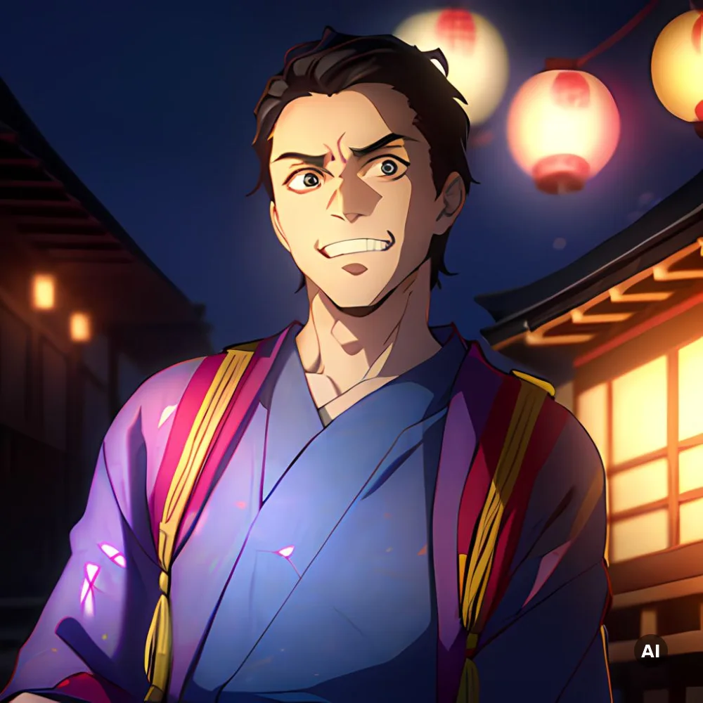 The same young man drawn as an anime character in a blue yukata at night, with paper lanterns behind