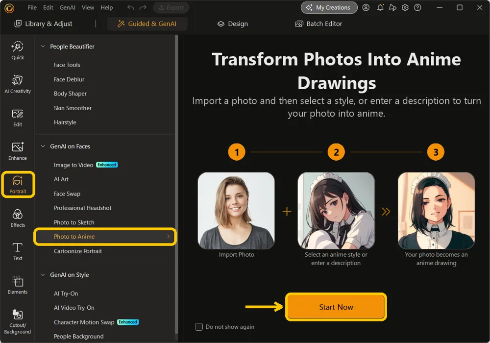 The Guided and GenAI mode with Portrait, Photo to Anime and the Start Now button highlighted