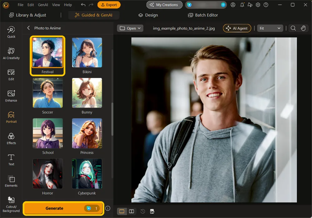 The Photo to Anime gallery with the Festival style and the Generate button highlighted