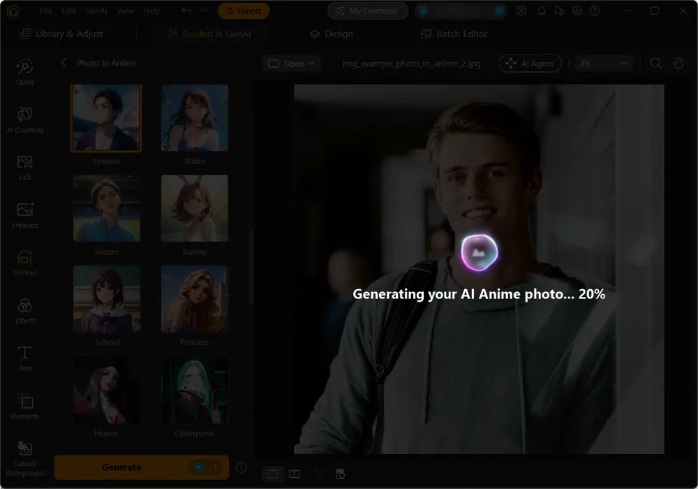 The canvas dimmed with the message Generating your AI Anime photo at 20 percent