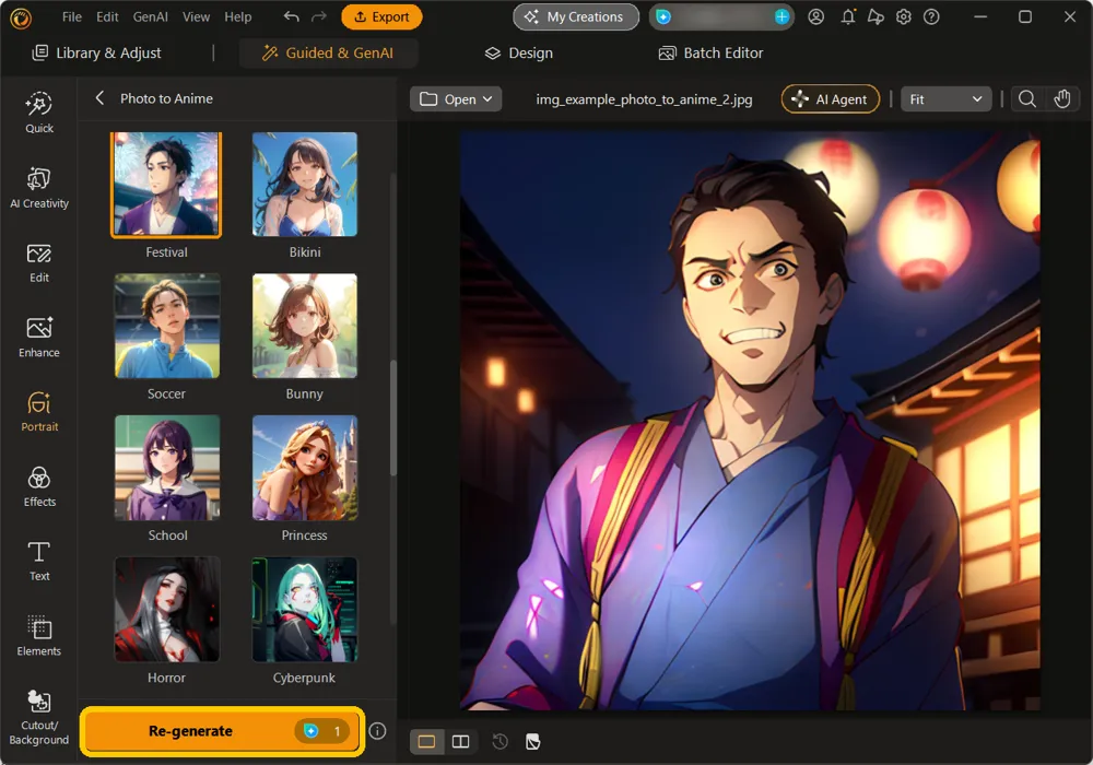 The Festival anime result on the canvas with the Re-generate button highlighted