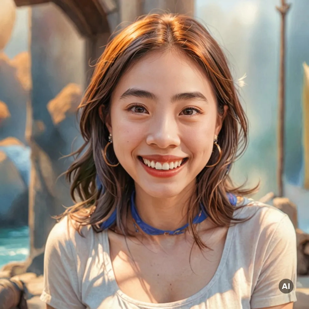 The same face rendered as a painting, with different hair color and clothing and an outdoor background