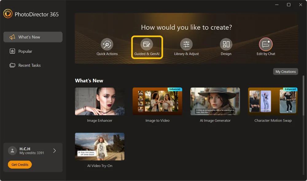 The PhotoDirector launcher with the Guided & GenAI option highlighted