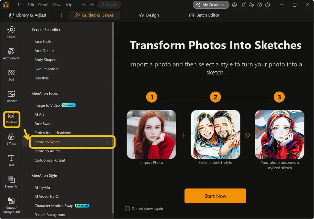 Photo to Sketch highlighted under GenAI on Faces, with the intro screen and Start Now button
