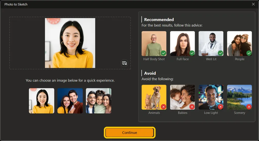 The import screen with a portrait loaded, sample images below, and the Continue button highlighted